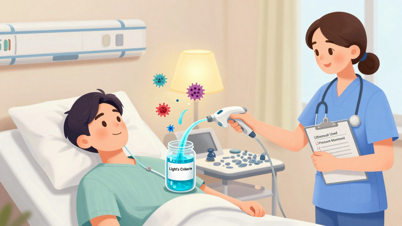 Doctor using ultrasound to drain pleural fluid, with medical icons floating nearby in soft illustration style.