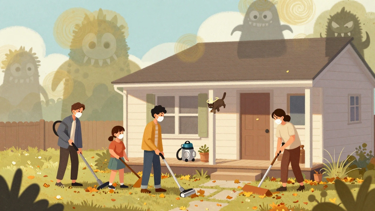 Family wearing N95 masks raking leaves with pollen clouds shaped like monsters, a cat nearby, HEPA vacuum as a shield.