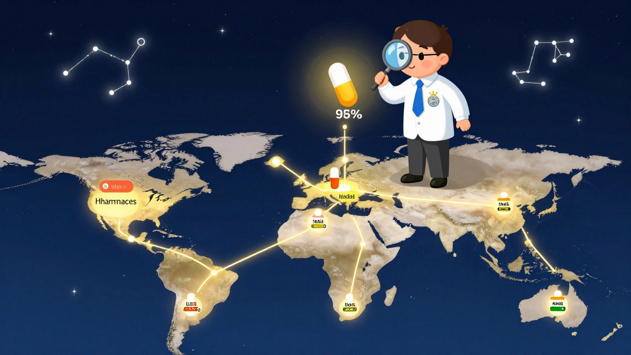 Global map with glowing paths connecting pharmacies to factories, an FDA inspector watching over pills.