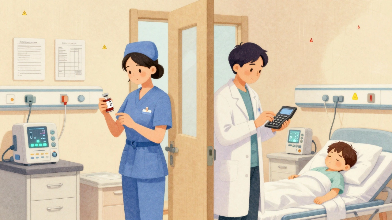 Nurse and pharmacist verifying potassium chloride dose in a quiet pediatric ICU, with a sleeping child in the background.