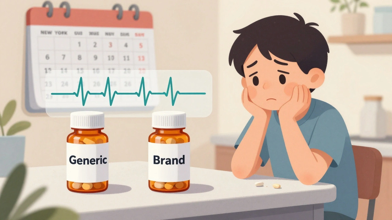 Patient comparing two pill bottles with a floating EKG line showing differences in health response.