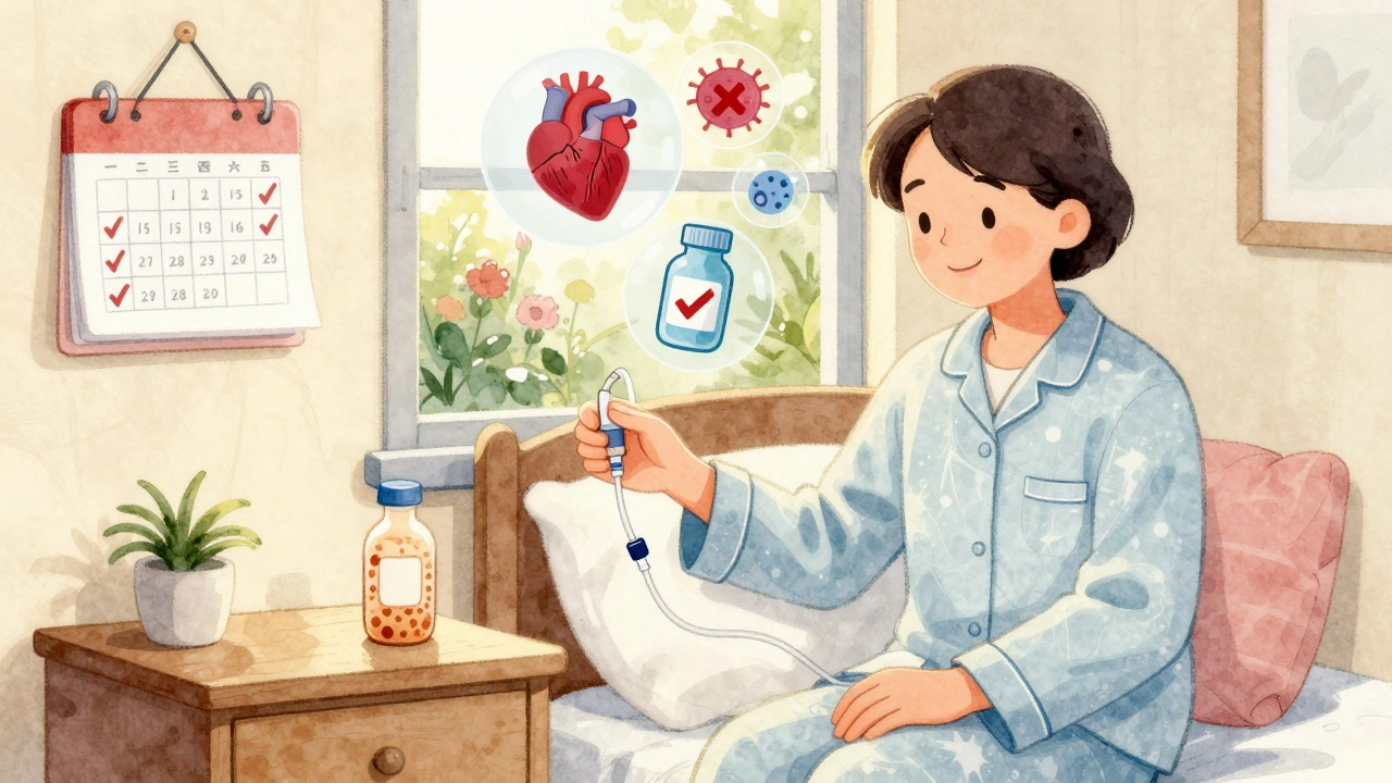 Patient draining fluid at home with a catheter, surrounded by symbols of health and recovery in storybook art.