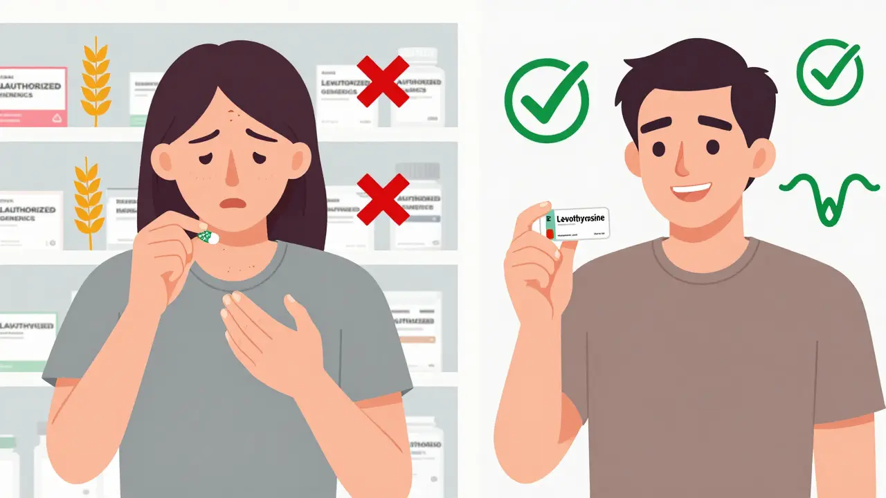 Patient holding two pills: one with gluten warning symbols, the other with a gluten-free checkmark and identical appearance to brand.
