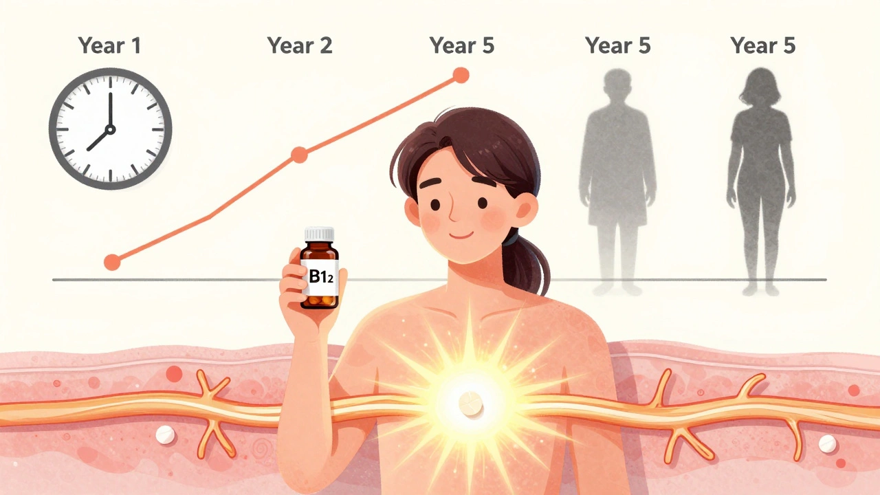 Patient taking B12 and calcium supplements as healthy nerves glow beneath their skin.