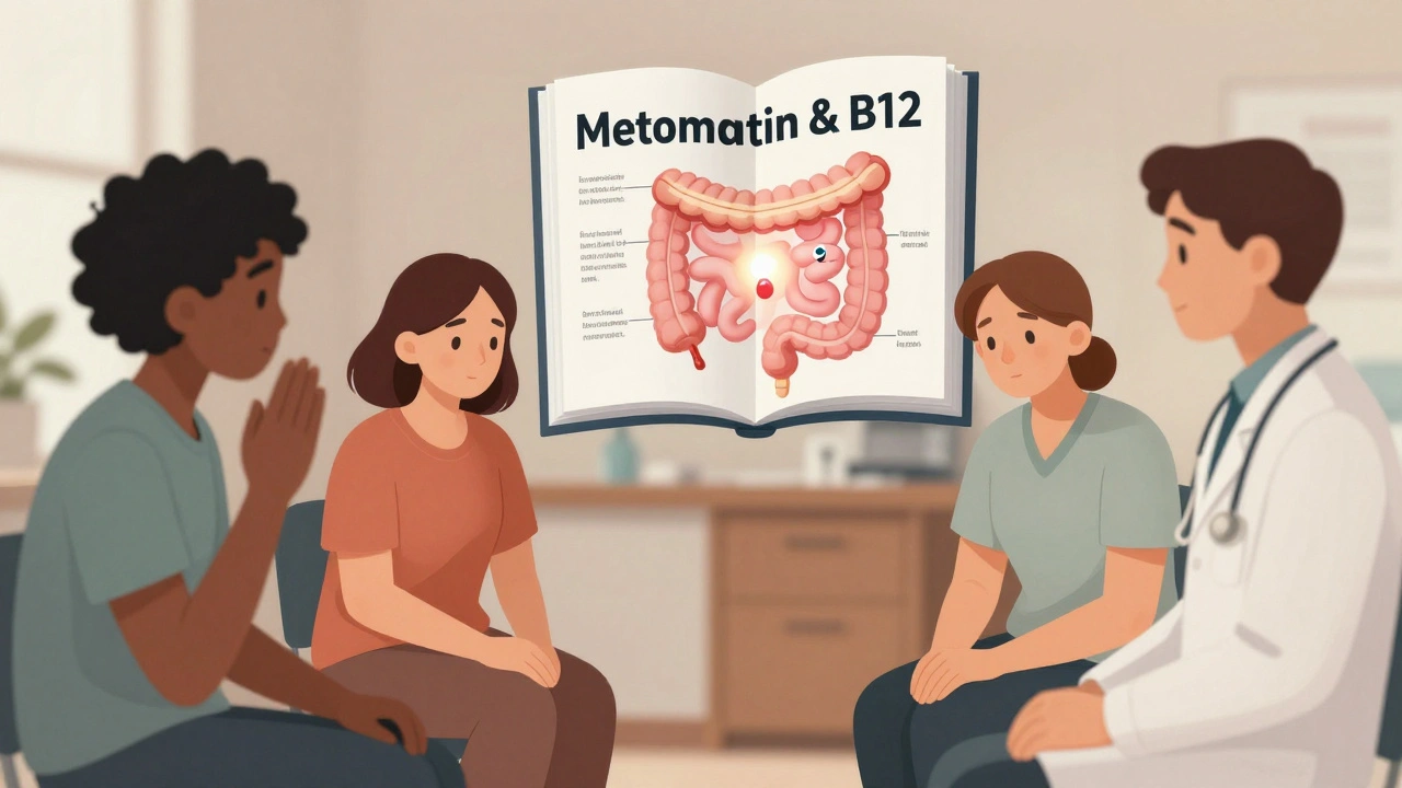 People with B12 deficiency symptoms in a doctor’s office, with a glowing absorption diagram above.