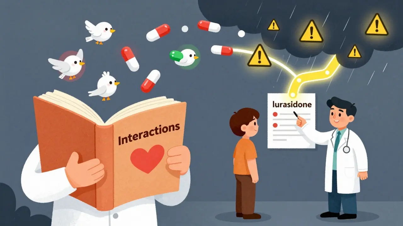 Pharmacist shows safe vs. risky pills to patient, with lurasidone as a glowing safe choice.