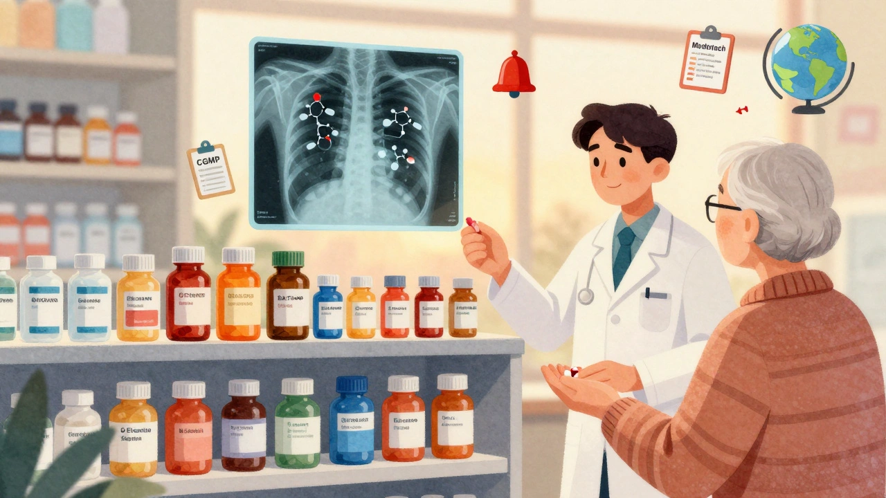Pharmacy shelf with generic and brand pills side by side, molecular structures visible above, pharmacist handing a pill to a patient.