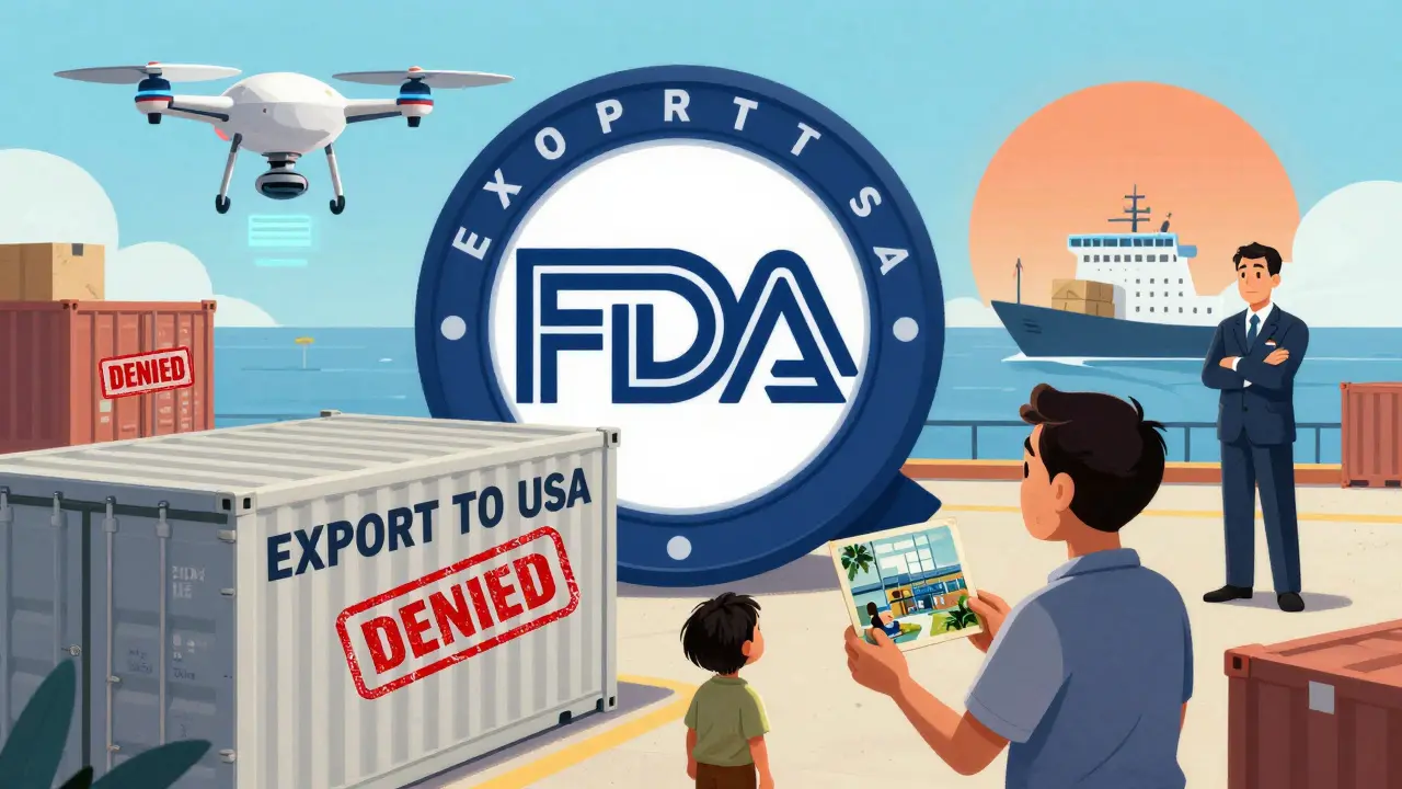 Shipping containers marked 'DENIED' loom over a small exporter's plant as AI monitors compliance, symbolizing strict new rules.