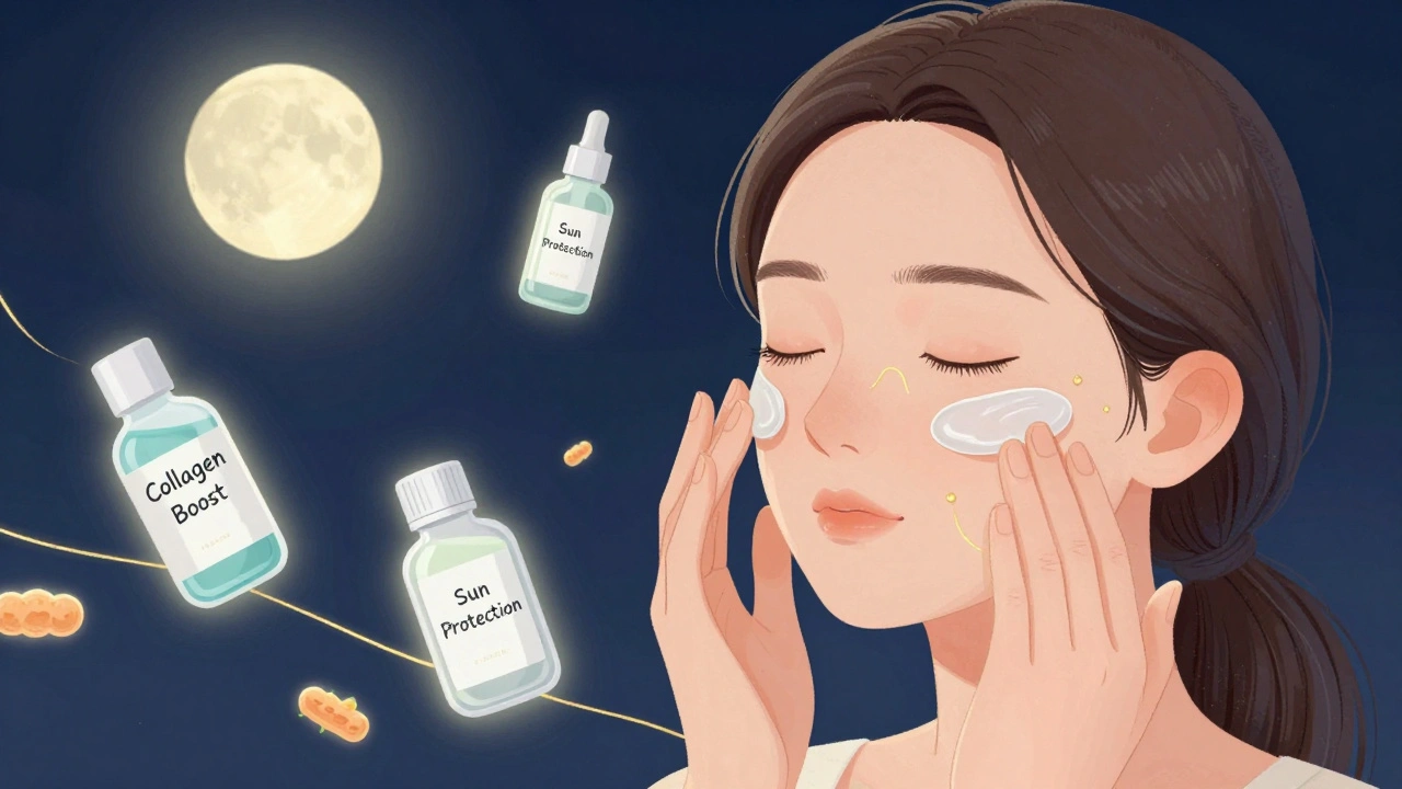 Someone applying skincare products with glowing collagen threads weaving beneath their skin at night.