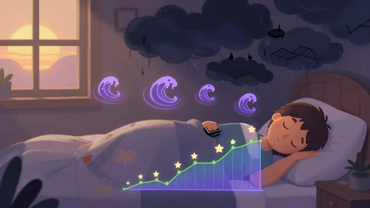 Someone sleeping peacefully as gentle vibrations from a smartwatch disrupt a dark dream-cloud above them.