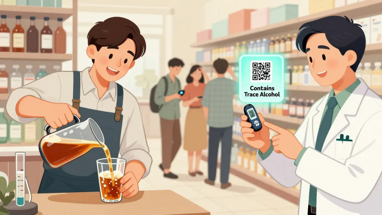 Split scene: homebrewer guessing vs. pharmacist testing kombucha, with patients walking away from the shelf.