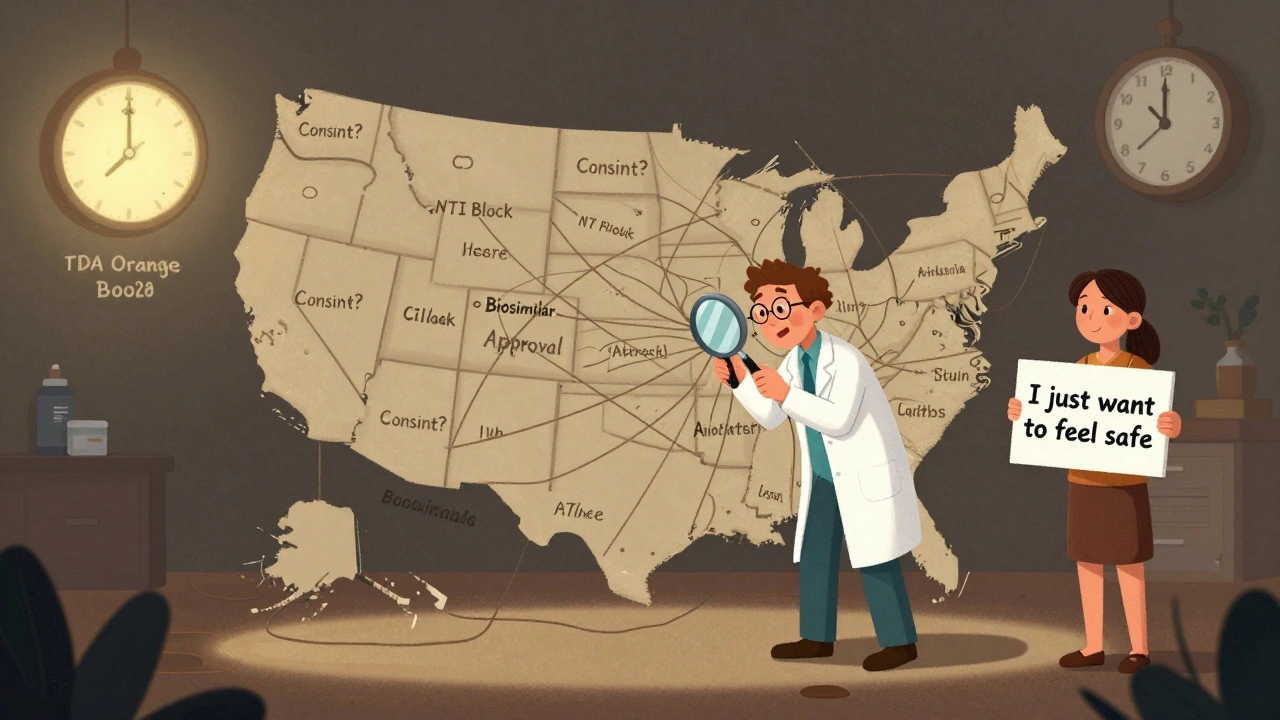 Tangled web of state drug substitution rules being untangled by a pharmacist with a patient nearby.