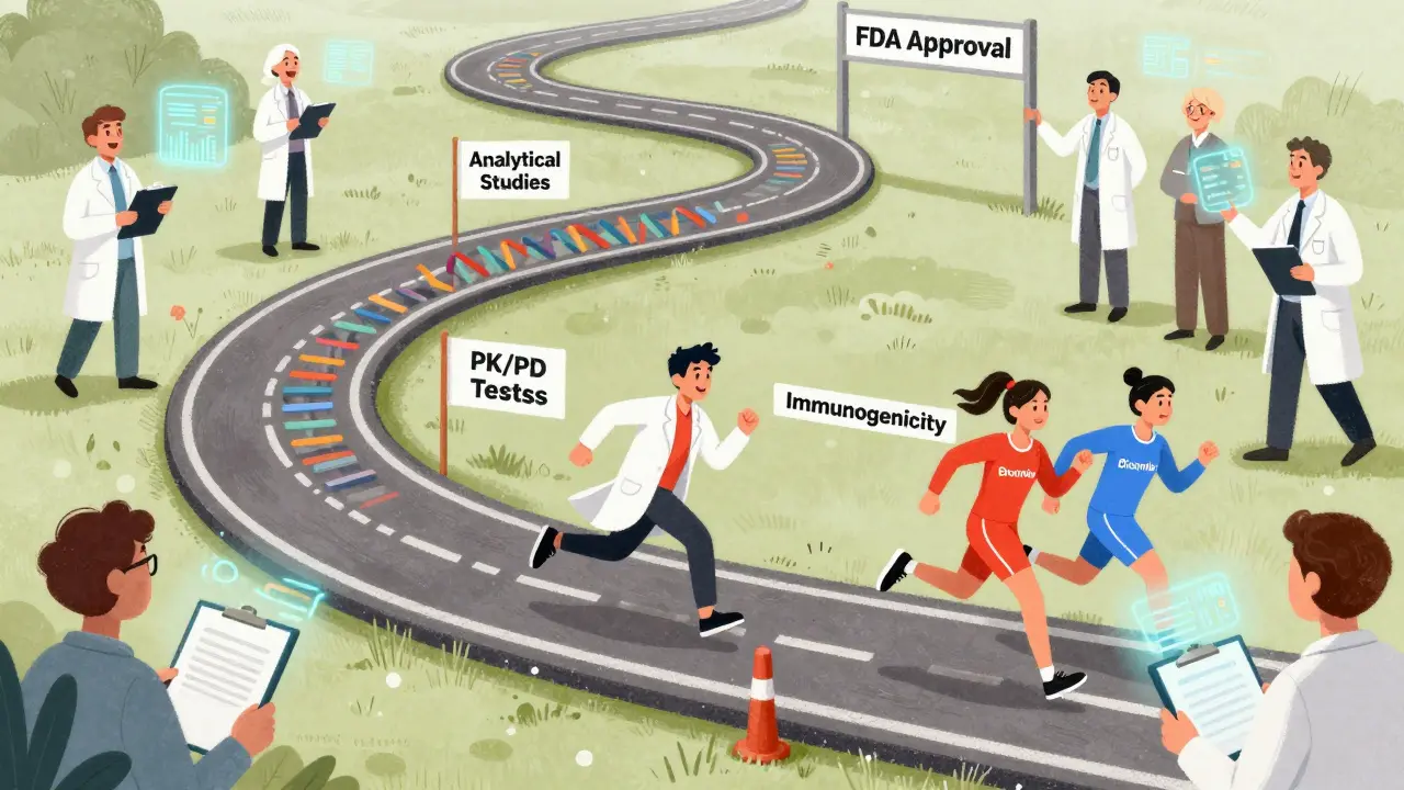 Two runners on a DNA-shaped track passing science checkpoints toward FDA approval in storybook style.