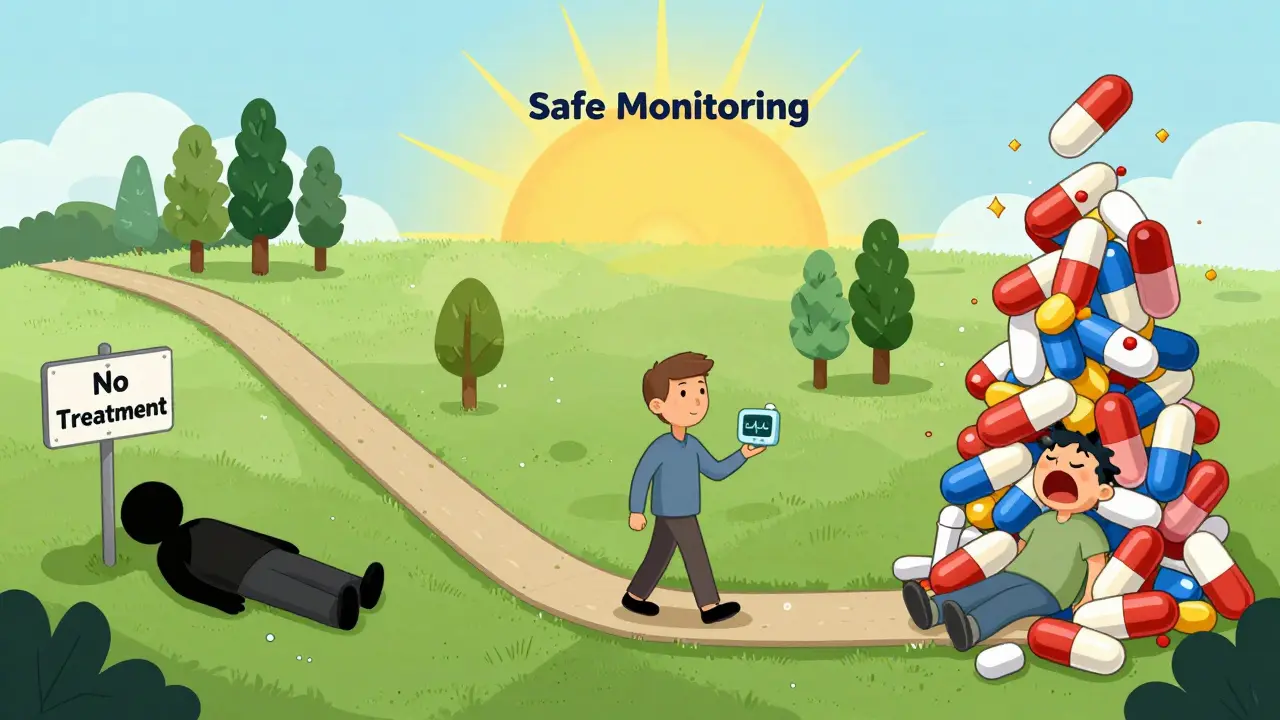 U-shaped risk path: danger on ends, calm safe journey in center with lurasidone and ECG monitor.