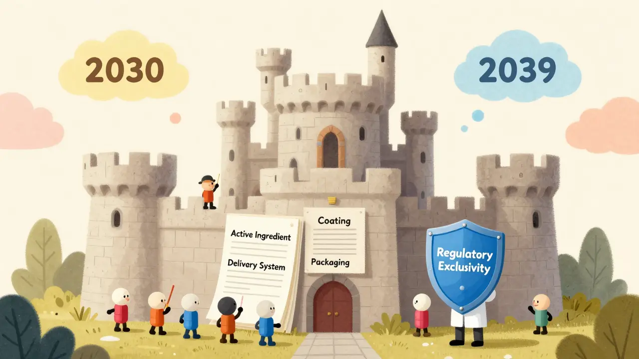 A castle made of patent documents, with generic pills trying to climb, protected by regulatory exclusivity.