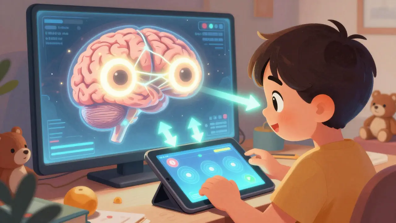 A child plays a digital vision game as neural connections glow between their eyes.