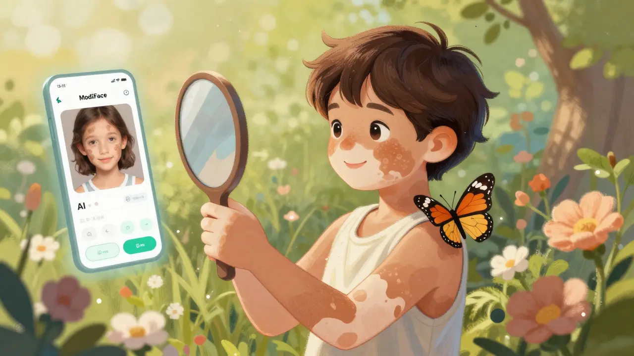 A child smiling in a garden as vitiligo patches blend naturally, with an AI app floating nearby, in storybook illustration style.