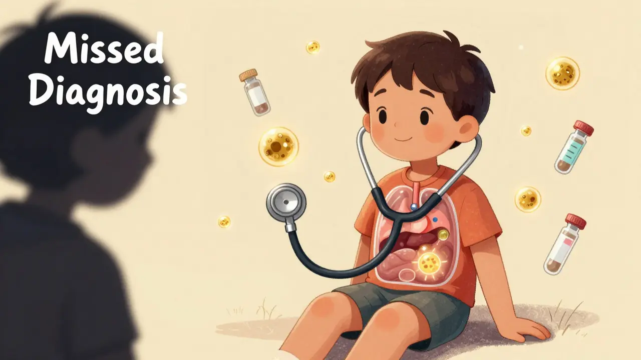 A child with a glowing immune system visible under a hovering stethoscope, shadowy diagnosis figure nearby.