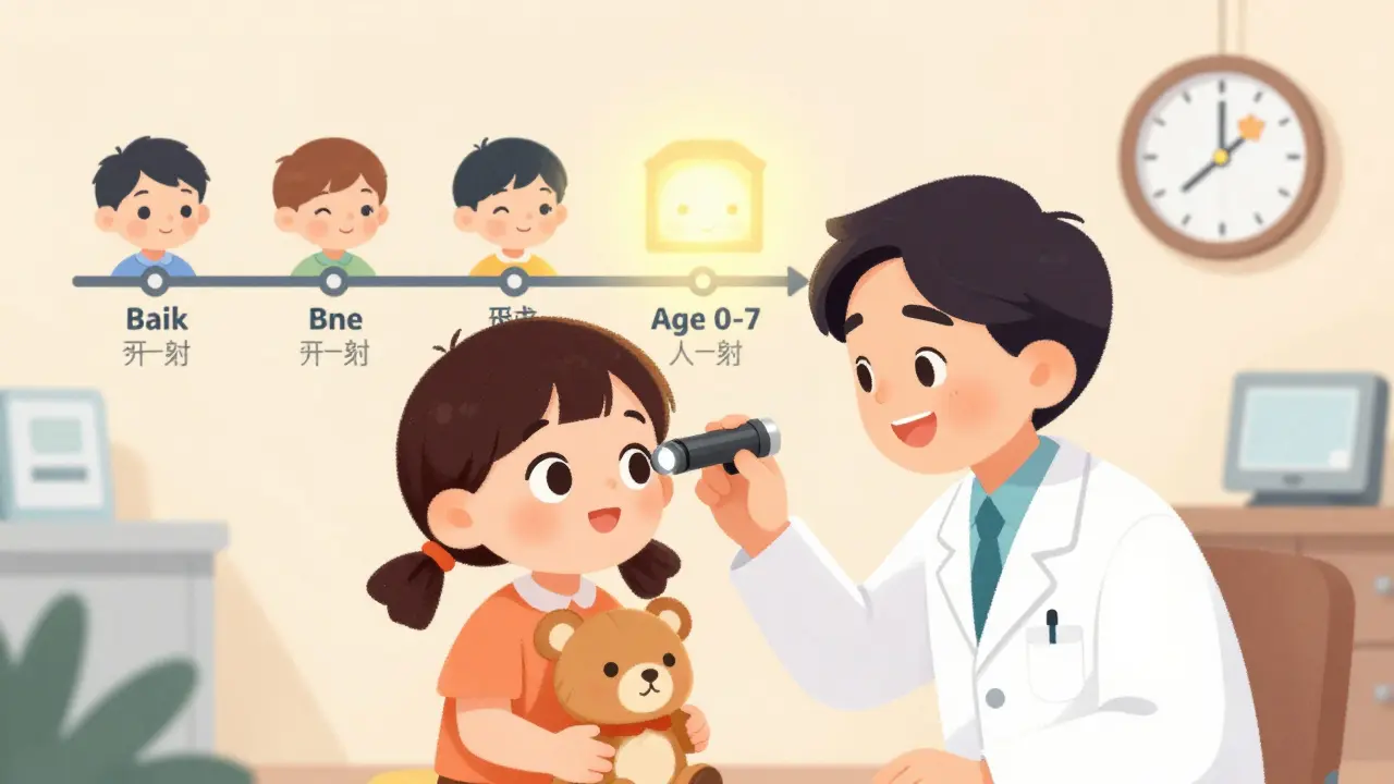 A doctor examines a child’s eyes in a cheerful clinic, with a timeline showing the critical age window.