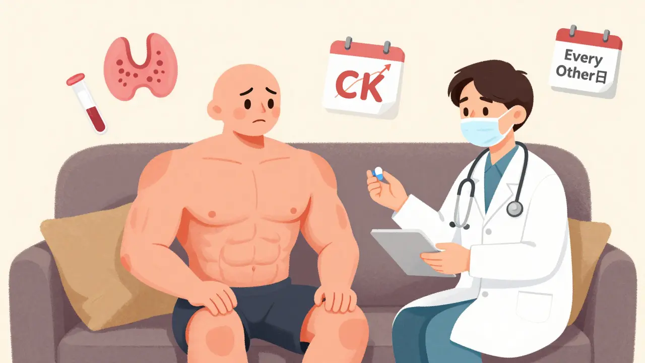 A doctor offering a lower-dose statin and alternate-day schedule to tired muscles.