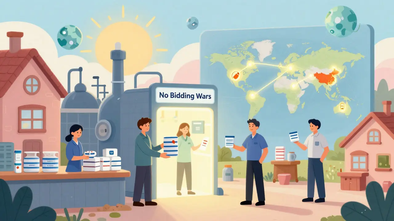 A factory becomes a contract manufacturing hub, shipping pills globally through a glowing portal in a hopeful storybook image.