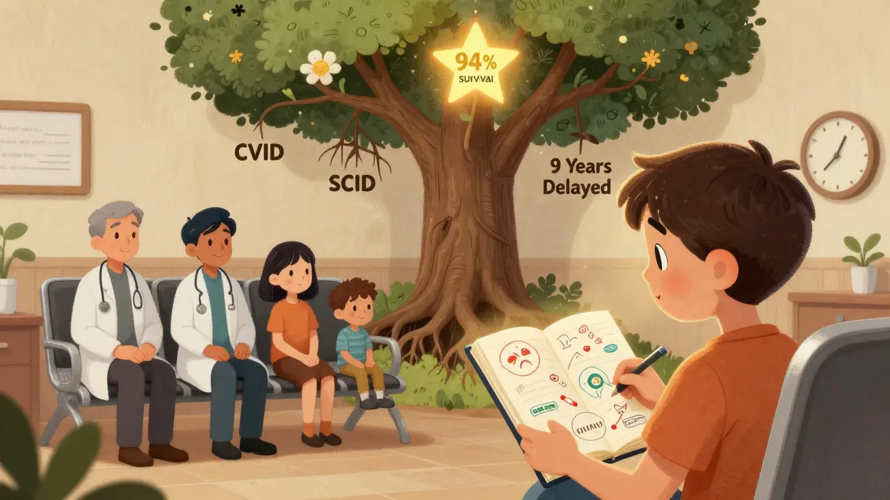 A family in a doctor's office, a child holding a sickness logbook as a symbolic tree of immune disorders grows behind them.