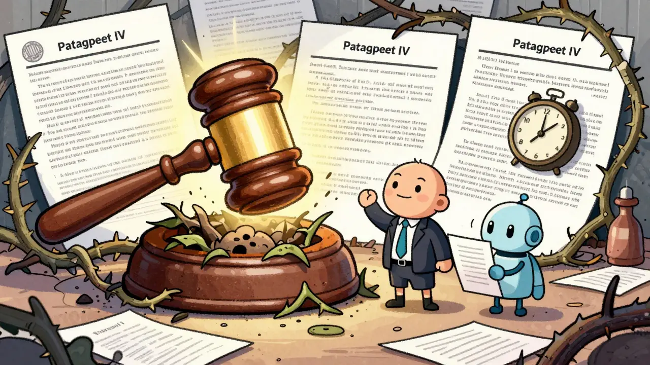 A generic drug company defeats a patent thicket with the Hatch-Waxman Act gavel, aided by an AI robot.