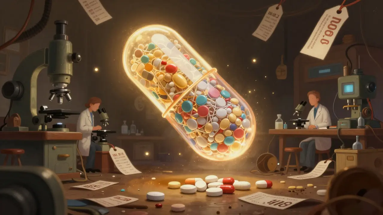 A glowing complex generic drug floats above discarded simple pills, illuminated by golden light in a storybook scene.