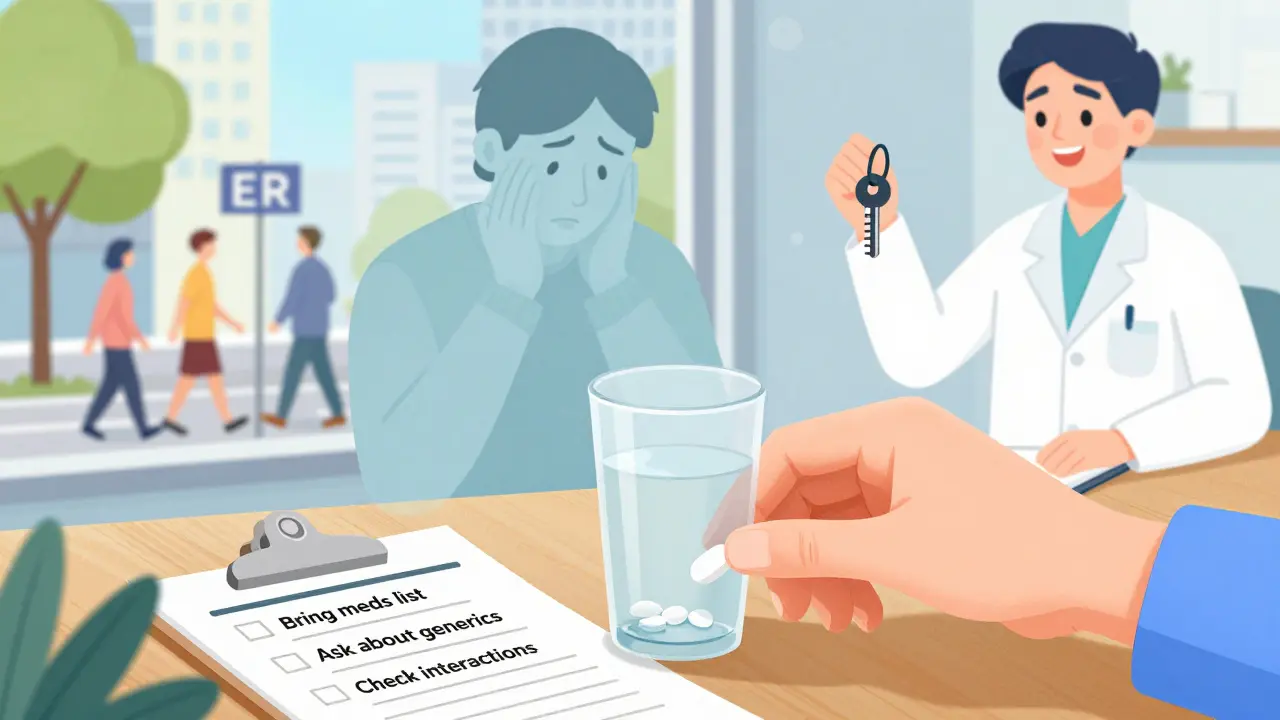 A hand places a pill beside a checklist, with a pharmacist appearing as a guiding light against a fading worried figure.