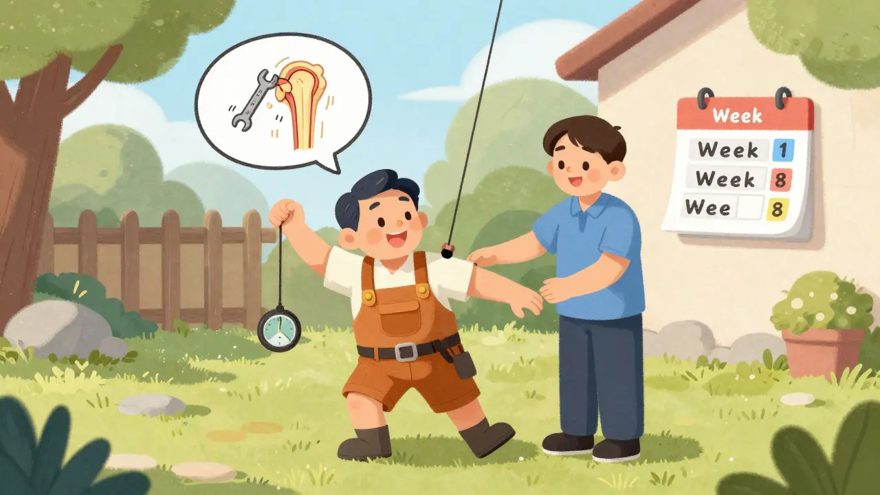 A middle-aged man doing pendulum exercises with a therapist, surrounded by progress markers in a storybook style.