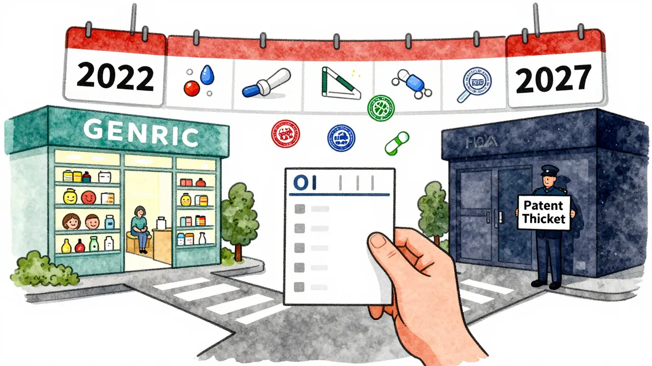 A patient at a crossroads: one path to affordable generics, the other to expensive brand-name drugs.