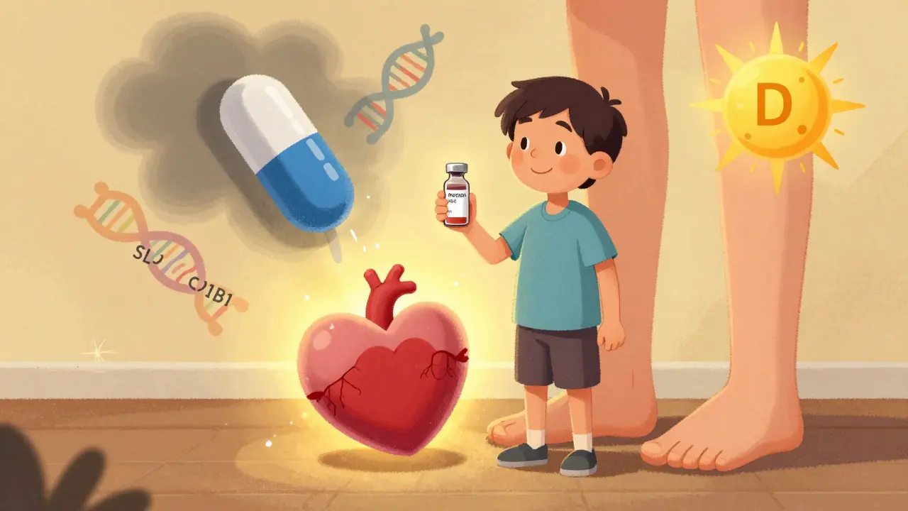 A patient holding a new heart-safe medication as a statin pill dissolves, with glowing legs and a heart in the background.