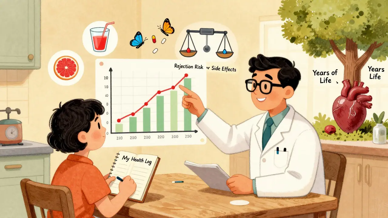 A patient logs health notes while a pharmacist explains a blood level graph, with symbolic warnings and growth around them.