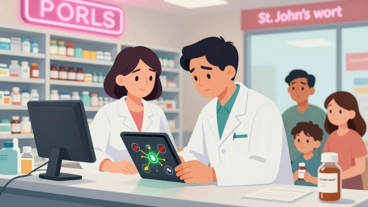 A pharmacist at a pharmacy counter viewing drug interaction warnings on a tablet, with patients watching through the window.