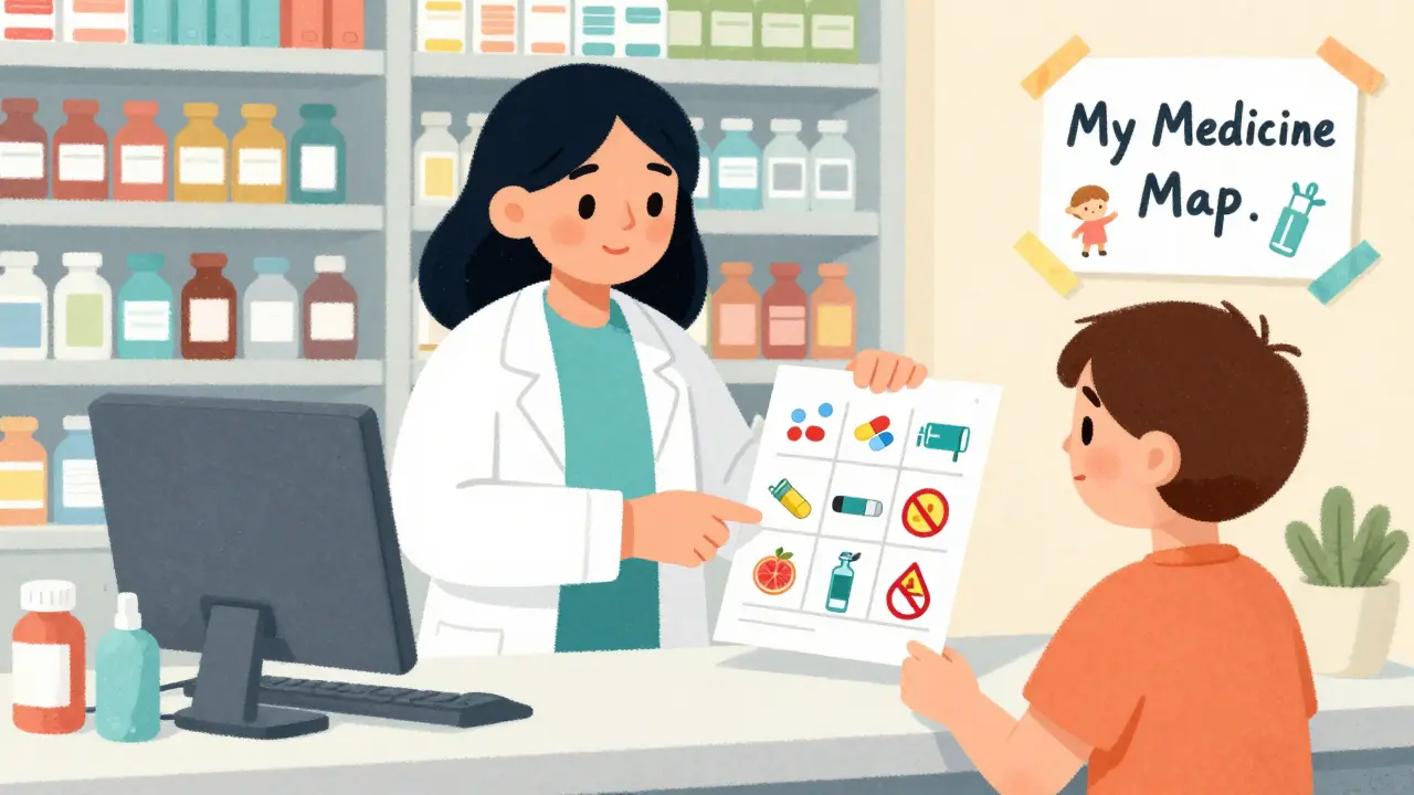 A pharmacist explains medication details using a visual chart at a colorful pharmacy counter.