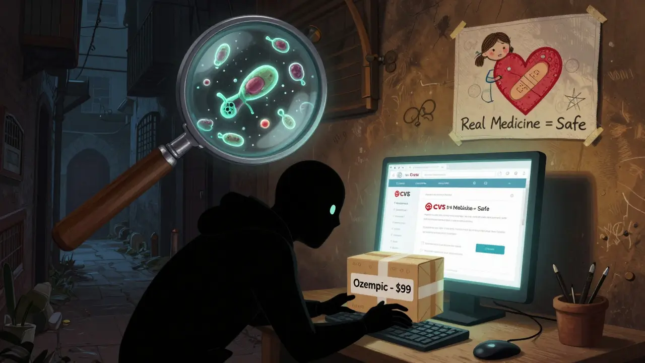 A shadowy figure delivers fake medication online, while UV nanoparticles glow and a child's drawing of a safe heart appears in the background.