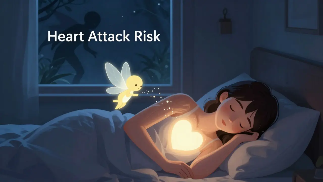 A sleeping person with a glowing heart and CoQ10 fairy, symbolizing safe statin use.