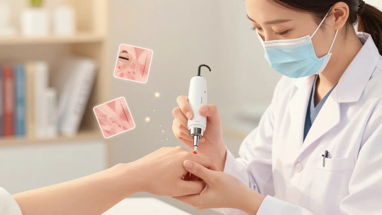 A specialist performing micropigmentation on a wrist with glowing pigment particles, in storybook illustration style.