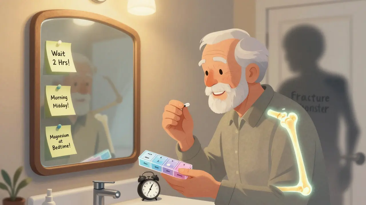 An elderly man uses a labeled pill organizer and sticky notes to follow the 2-hour rule, taking magnesium at bedtime.