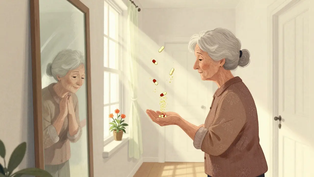An elderly woman watching old medications dissolve into light as she holds one essential pill.