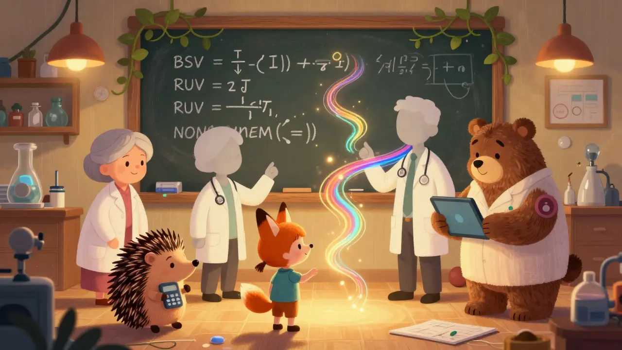 Animal scientists analyzing colorful data streams around patient silhouettes in a warm, glowing lab.