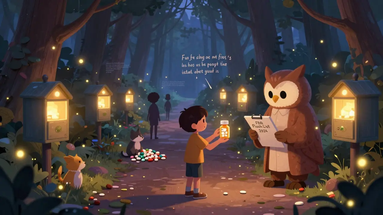 Child dropping pills into a glowing pharmacy drop-box guided by an owl librarian.