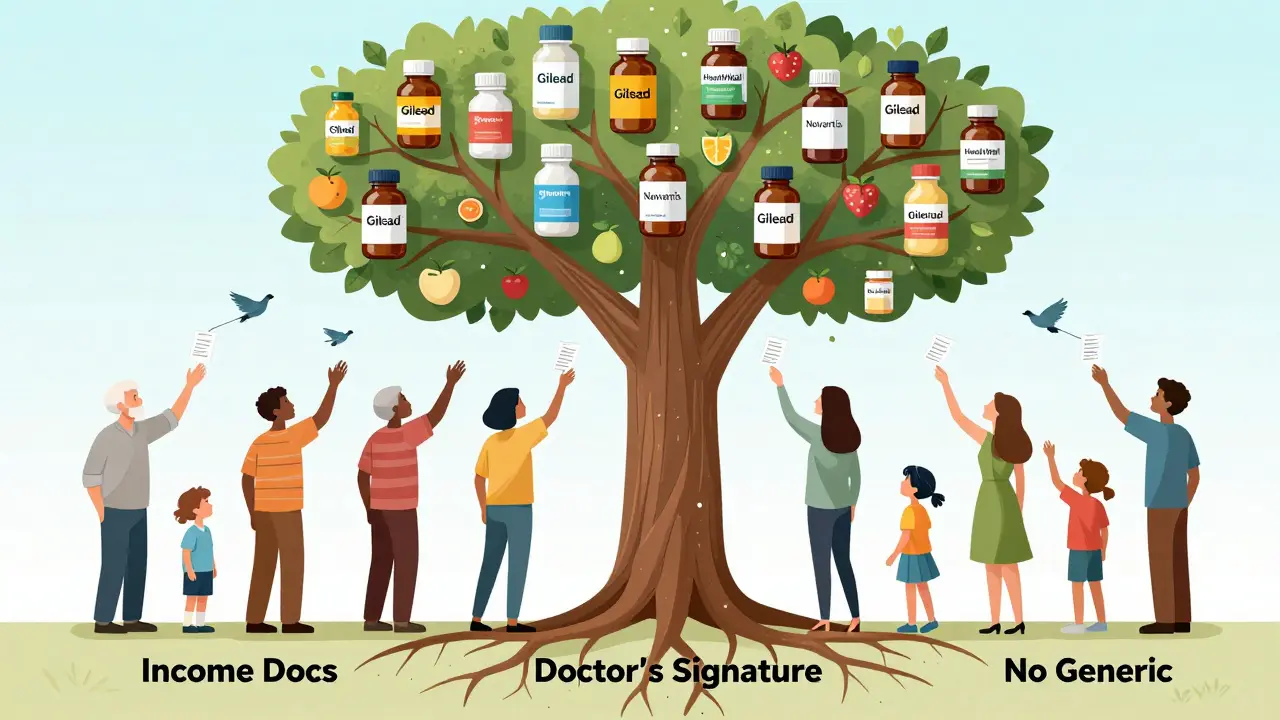 Diverse patients reaching toward a tree with drug bottle branches and fruit labeled patient assistance programs.