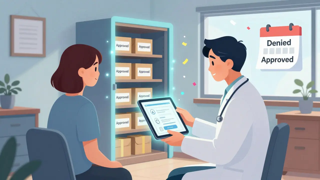 Doctor and patient using a glowing tablet to apply for aid, with a magical portal behind them filled with free medication.