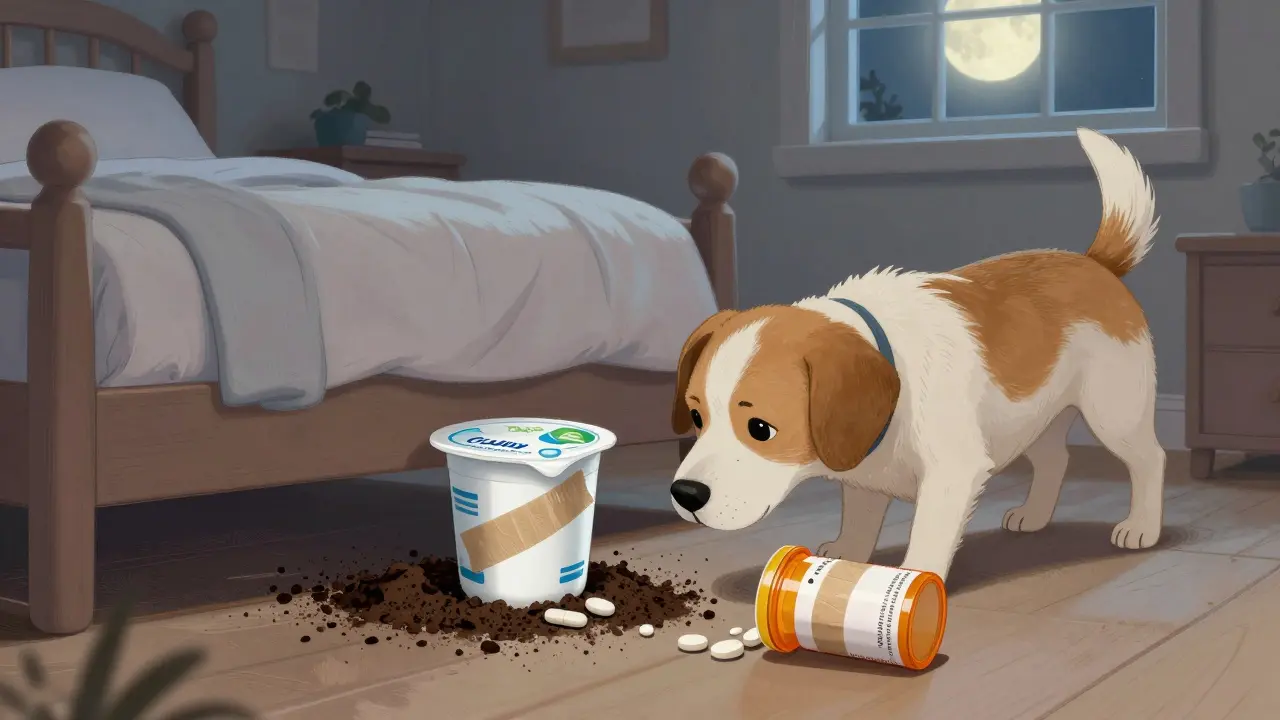 Dog sniffing a sealed container with mixed pills hidden under a child's bed.