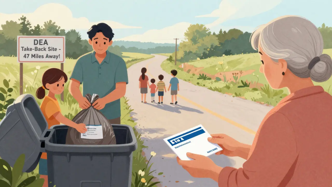 Family disposing of sealed medication trash near a curbside bin in a rural area.