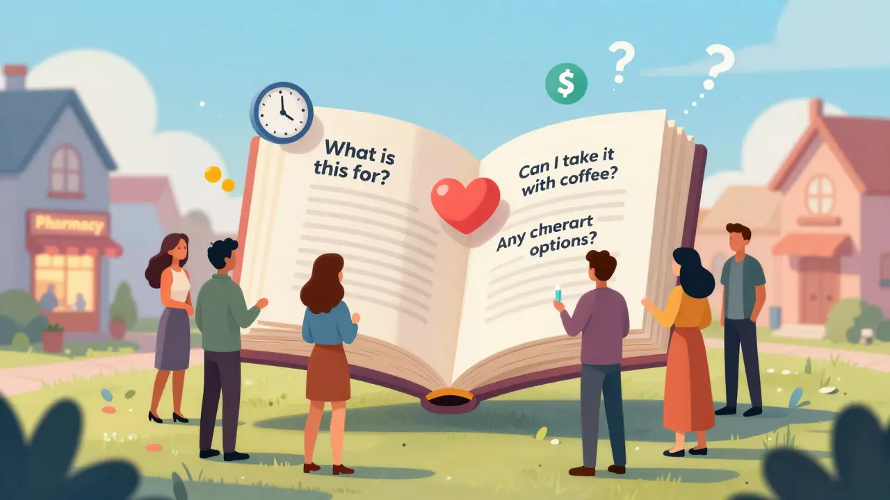 Floating book pages display medication questions as diverse people gather around, surrounded by symbolic icons.