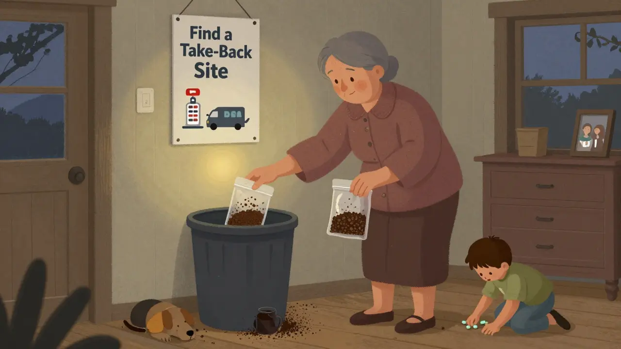 Grandmother disposing of pills in trash with coffee grounds, child playing safely.
