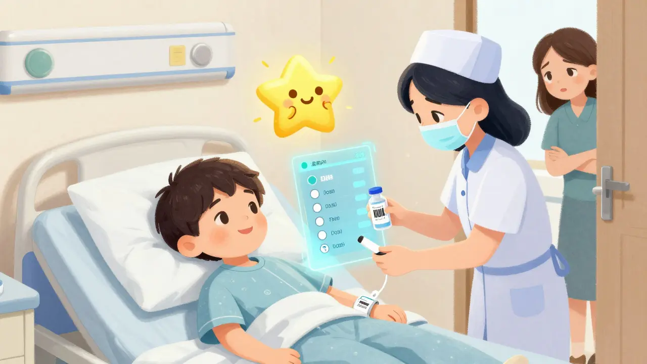 Nurse scanning a child's wristband with a holographic safety check displayed above.