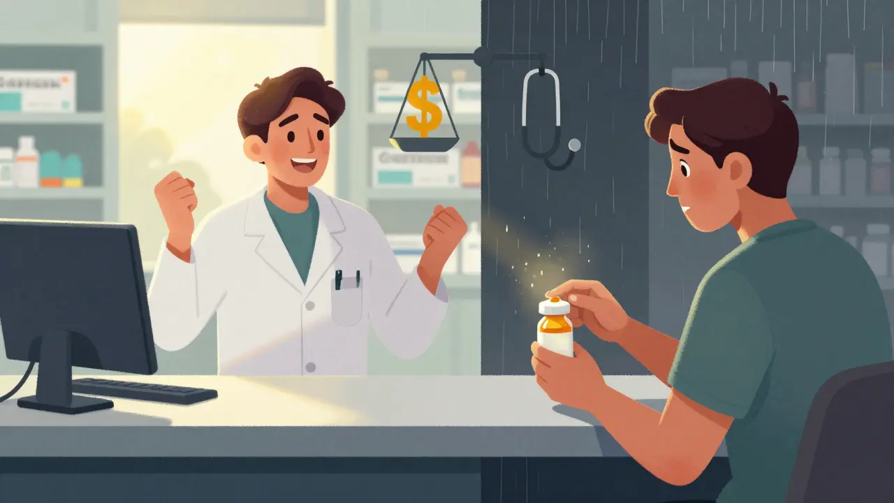 Patient receiving generic pill while parallel world shows them healthy with brand-name drug.